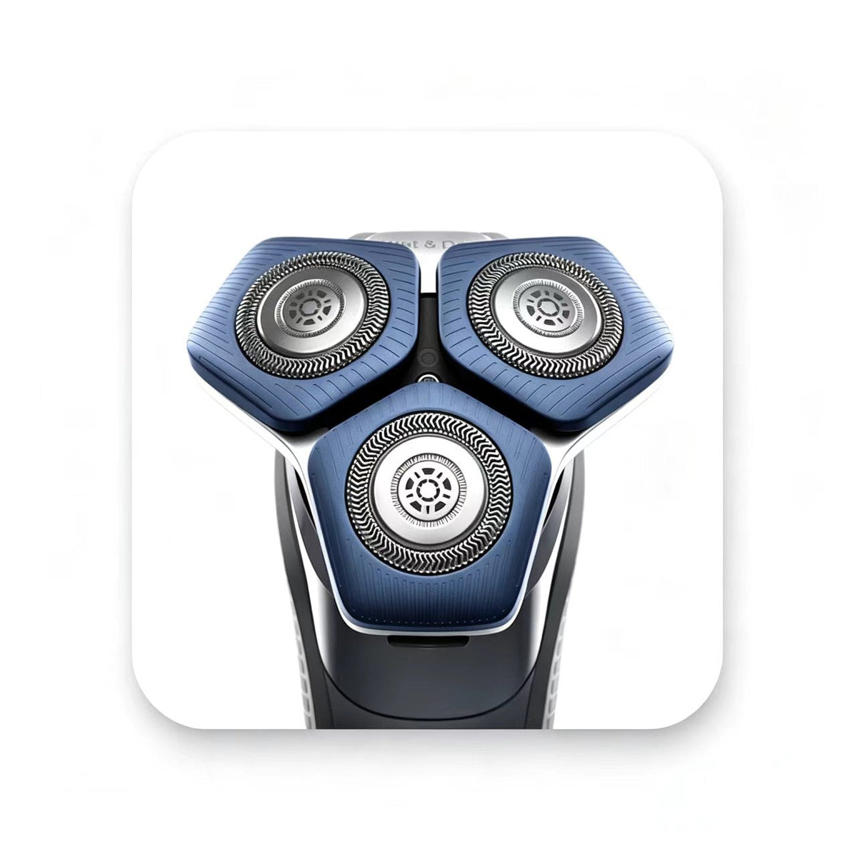 Close-up of three rotary shaving heads on a blue electric shaver
