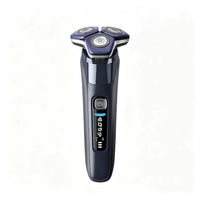 Blue rotary electric shaver with three shaving heads
