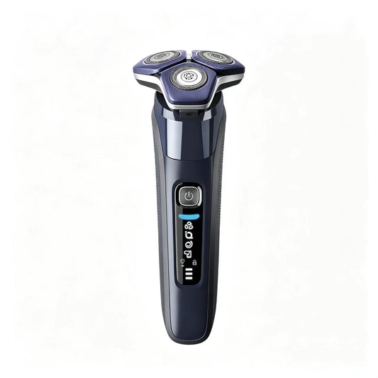 Blue rotary electric shaver with three shaving heads