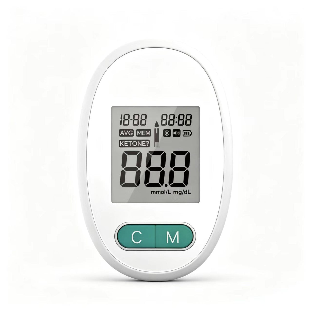 Blood glucose meter with high-contrast display showing glucose readings