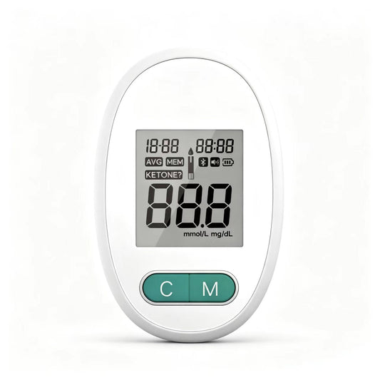 Blood glucose meter with high-contrast display showing glucose readings