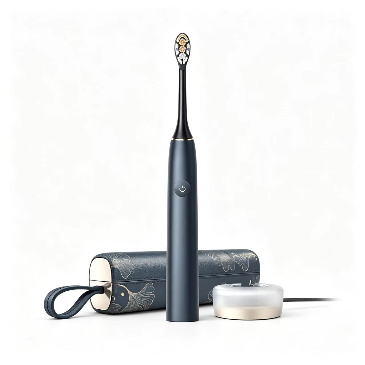 Black electric toothbrush with travel case and brush head