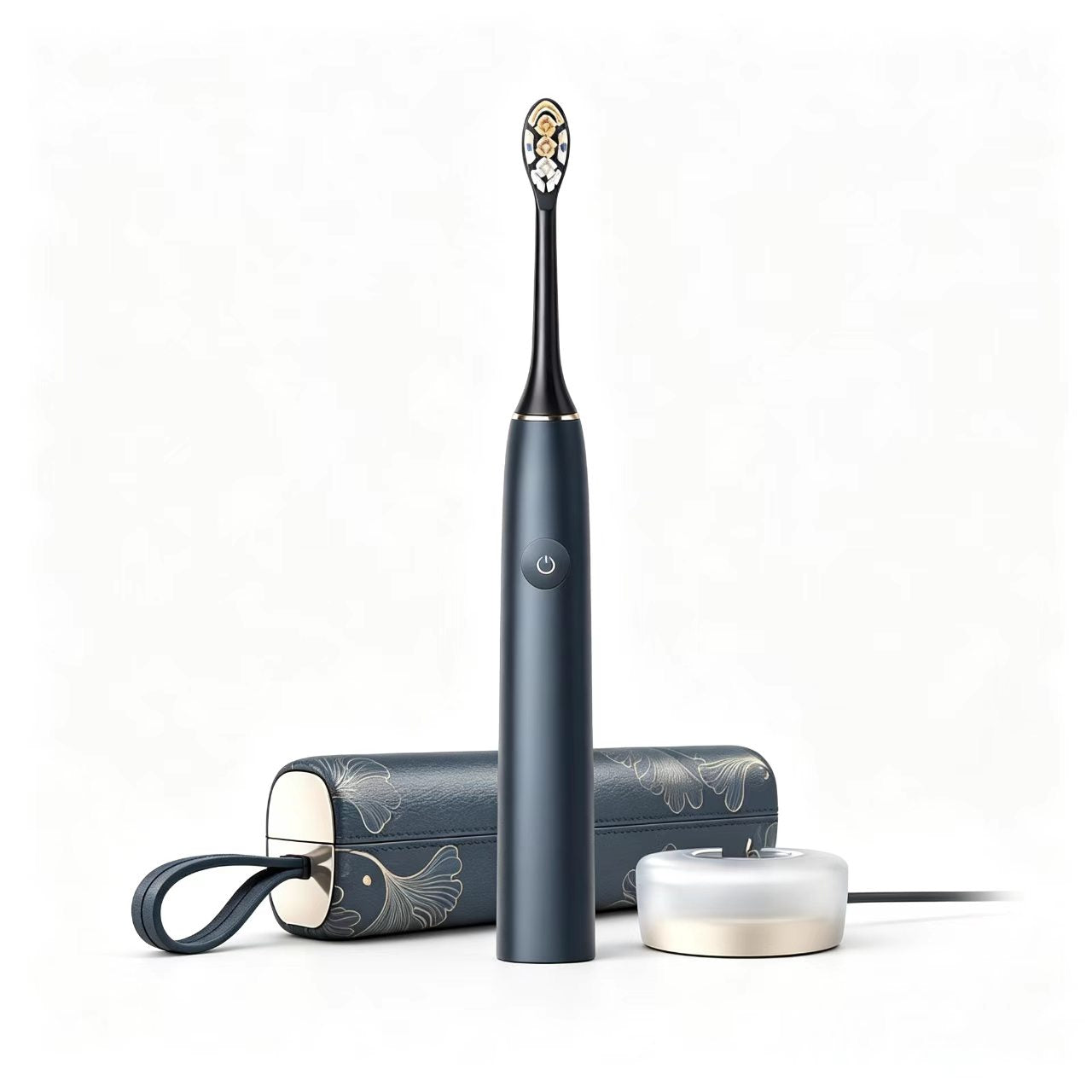 Black electric toothbrush with travel case and brush head