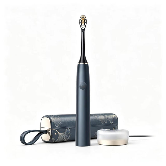Black electric toothbrush with travel case and brush head