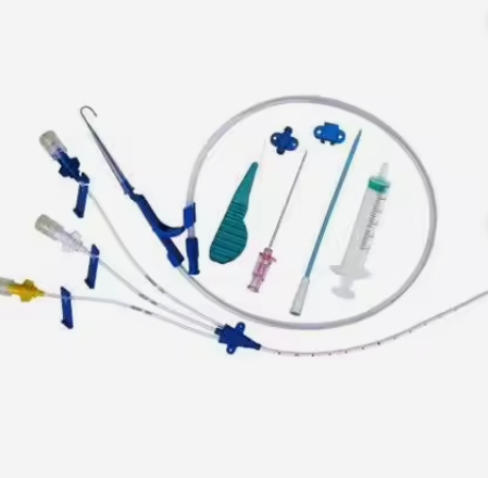 Central venous catheter set with transparent tubing, blue connectors, and accessories