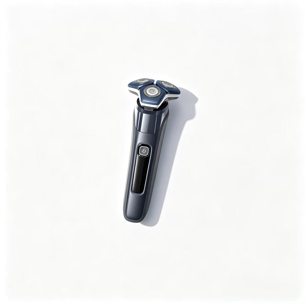 Blue electric rotary shaver front view with battery display