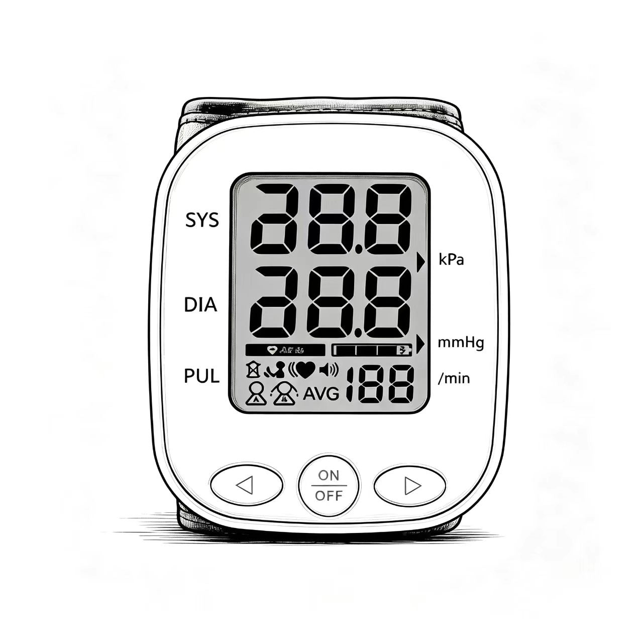 Upper-arm blood pressure monitor showing systolic, diastolic and pulse readings