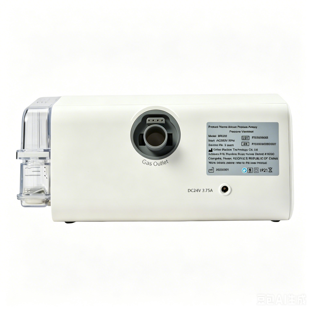 Rear view of home ventilator showing gas outlet, power connection and humidifier