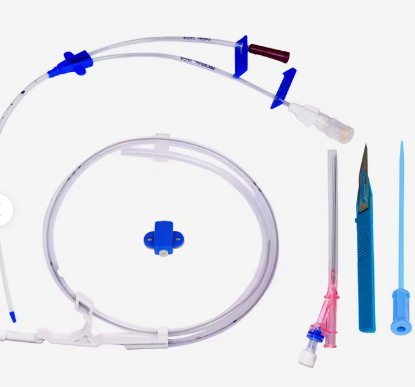 Central venous catheter components with guidewire, dilator, syringe, and tubing