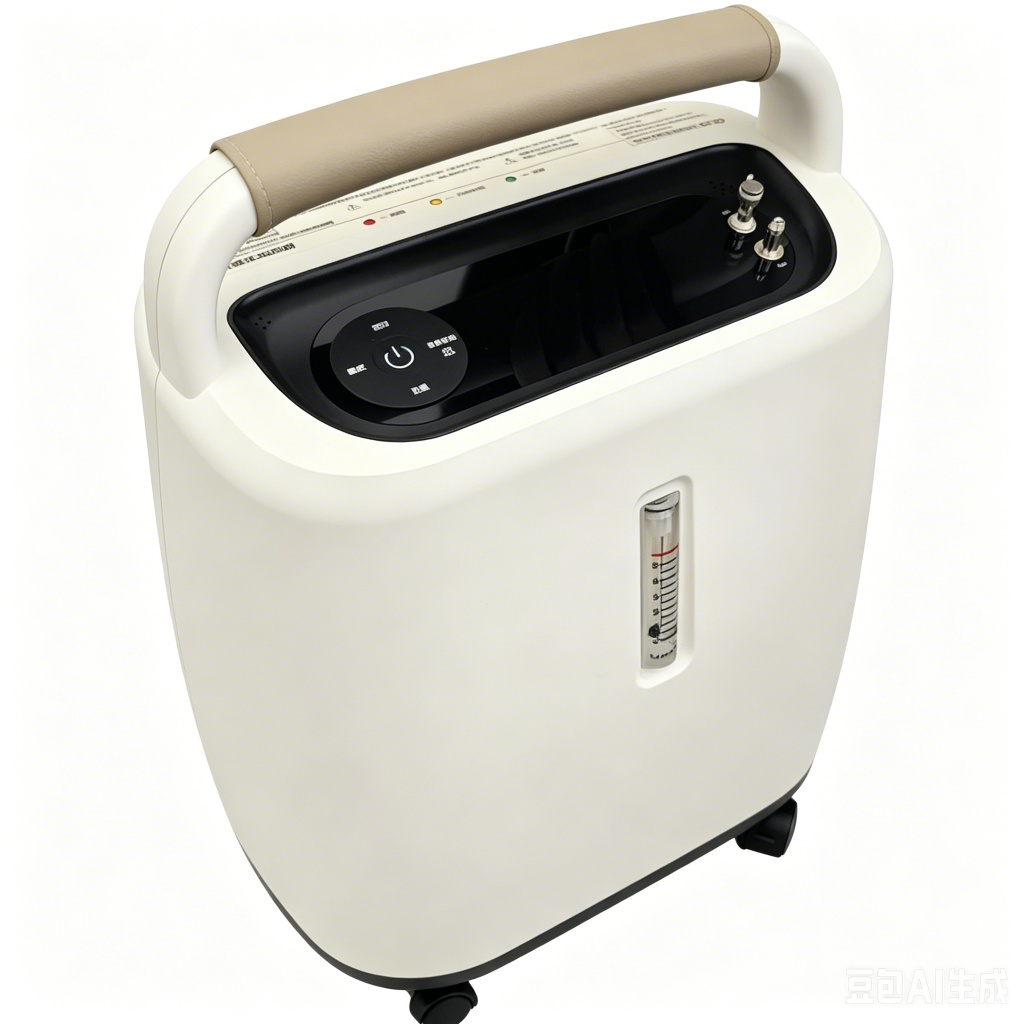 Rear view of home oxygen concentrator showing tubing and power cable