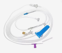 Close-up of a disposable blood transfusion set with blue protective cap and needle