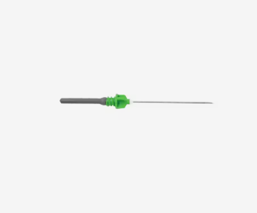 Close-up of a disposable intravenous needle with green connector