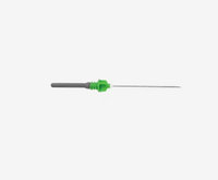 Close-up of a disposable intravenous needle with green connector