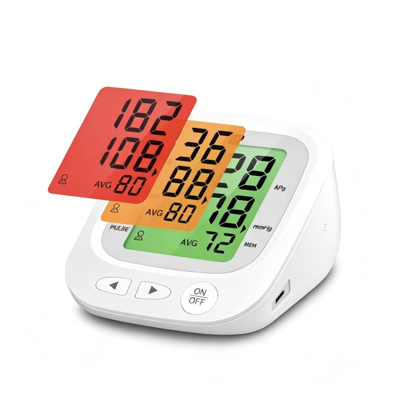 Upper-arm blood pressure monitor with color-coded blood pressure indicator
